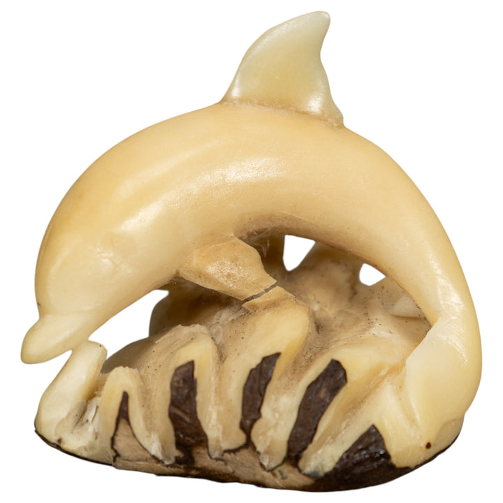 Natural White Dolphin Riding Waves Tagua Carving