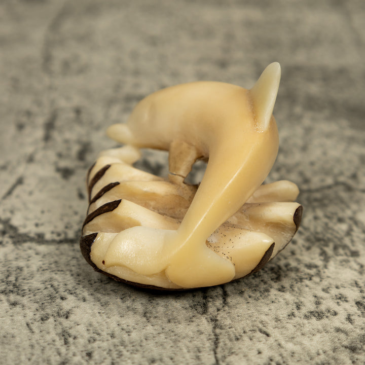 Natural White Dolphin Riding Waves Tagua Carving