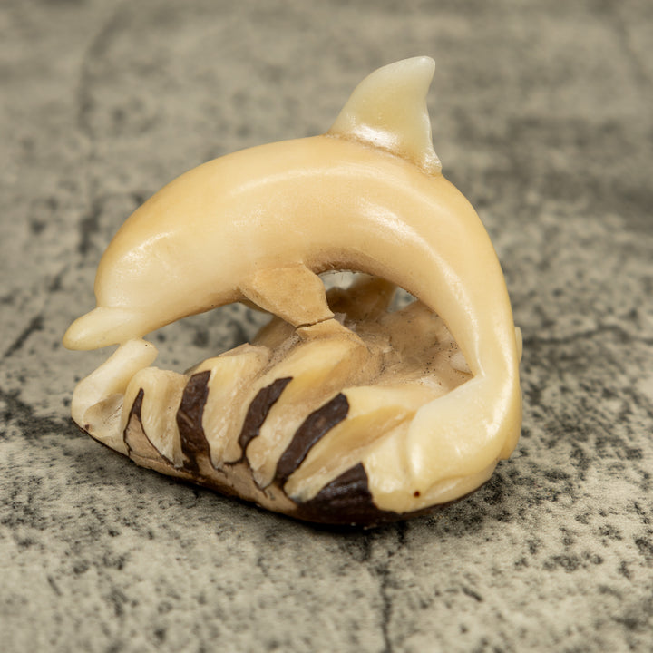 Natural White Dolphin Riding Waves Tagua Carving