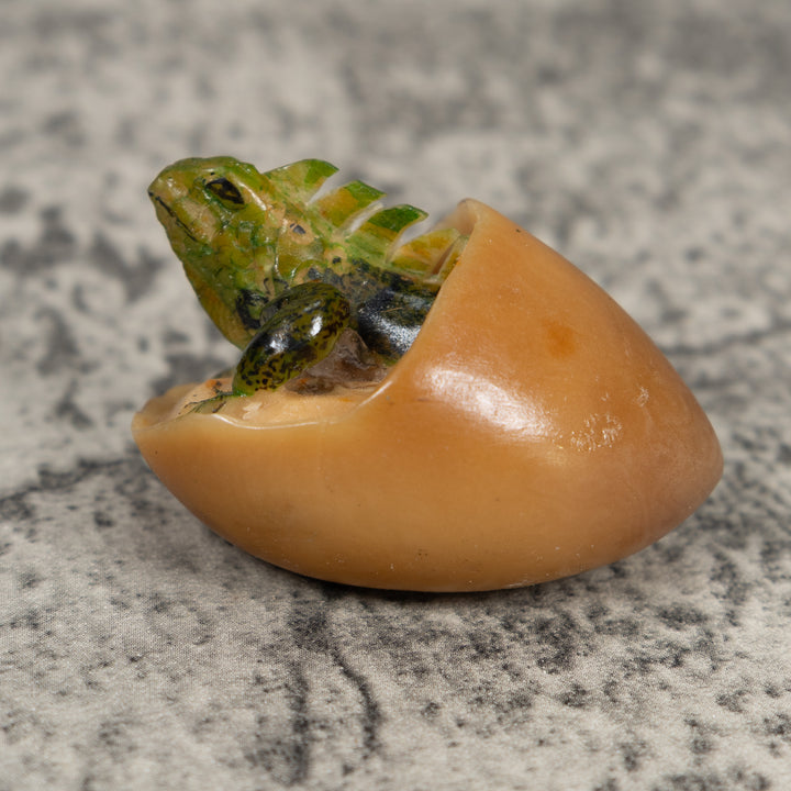 Vintage Iguana Lizard Emering From Egg Tagua Carving