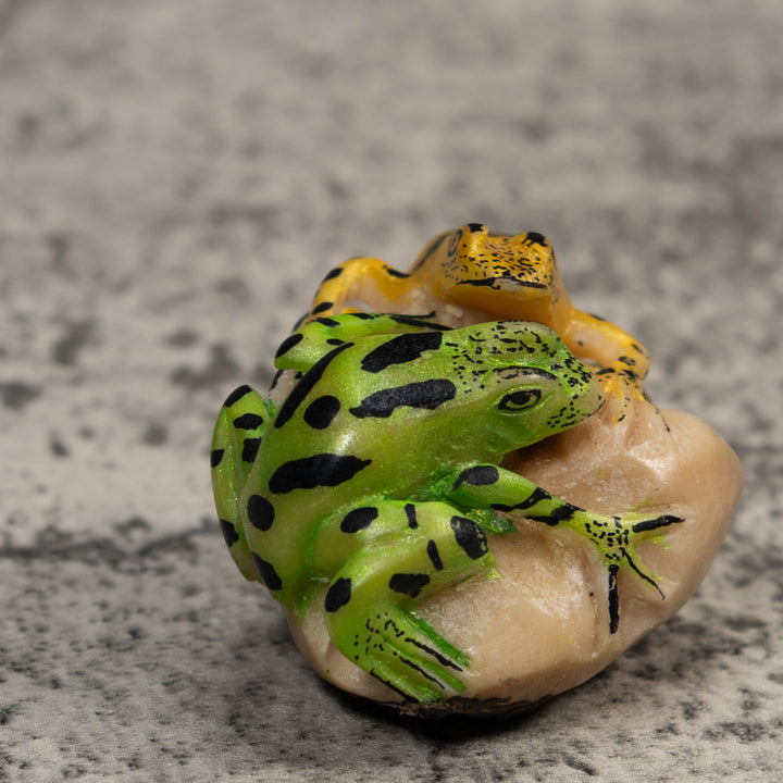 Double Gold And Green Frog Tagua Carving