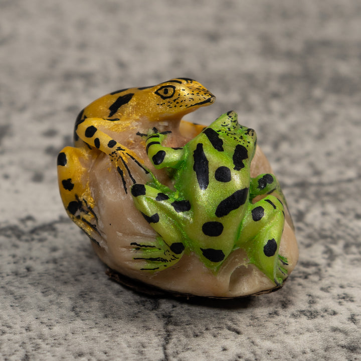 Double Gold And Green Frog Tagua Carving