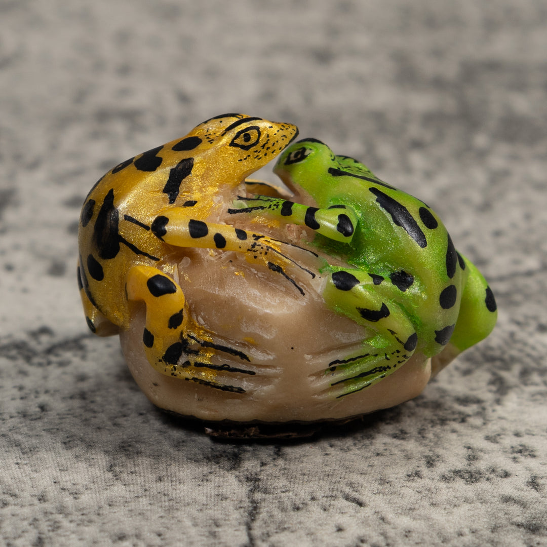 Double Gold And Green Frog Tagua Carving