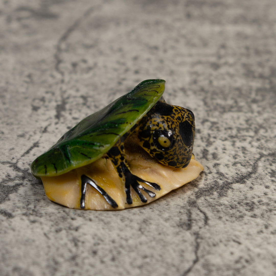 Black And Yellow Frog Under Leaf Tagua Carving