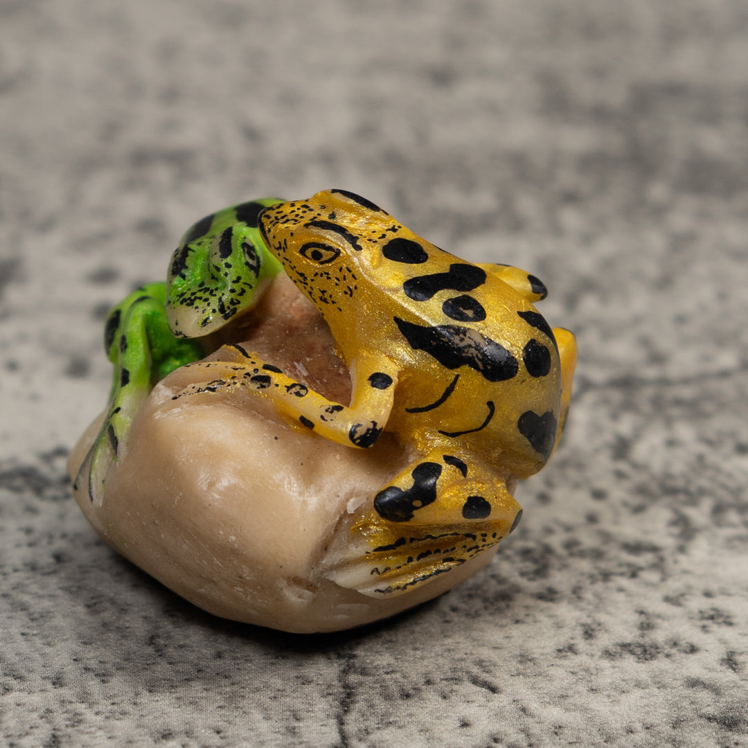 Double Gold And Green Frog Tagua Carving