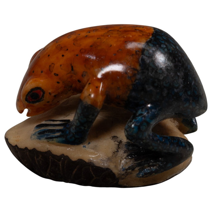 Vintage Blue And Red Frog Tagua Carving