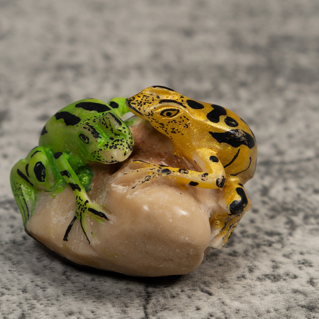 Double Gold And Green Frog Tagua Carving