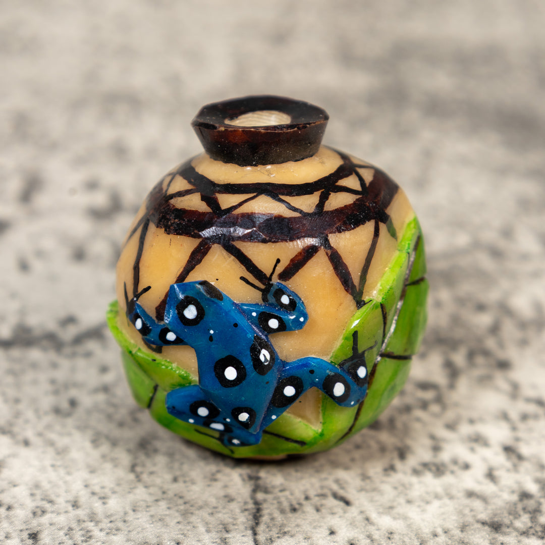Etched Blue Frog On Vase Tagua Carving