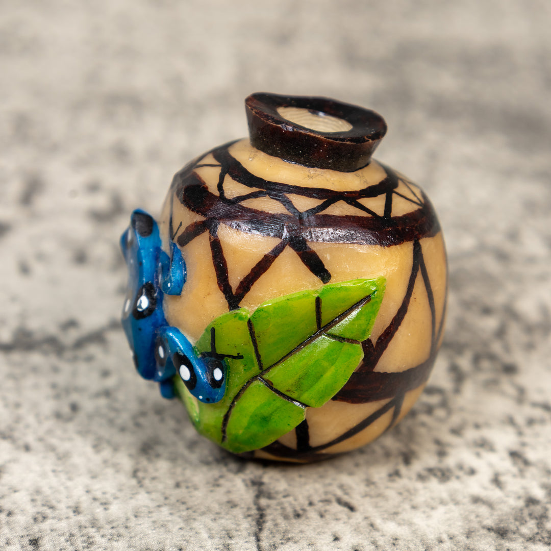 Etched Blue Frog On Vase Tagua Carving