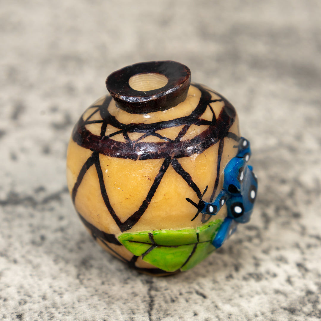 Etched Blue Frog On Vase Tagua Carving