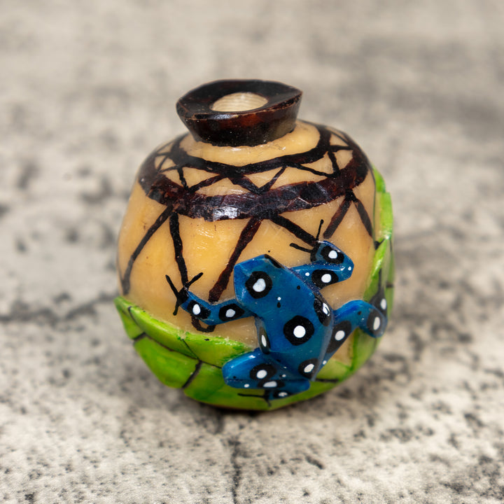 Etched Blue Frog On Vase Tagua Carving