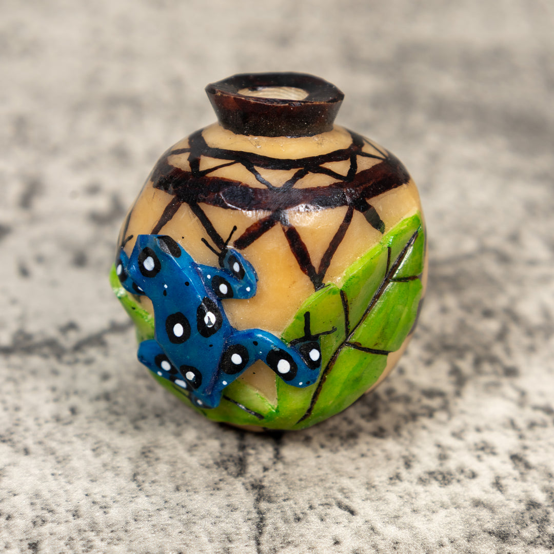 Etched Blue Frog On Vase Tagua Carving