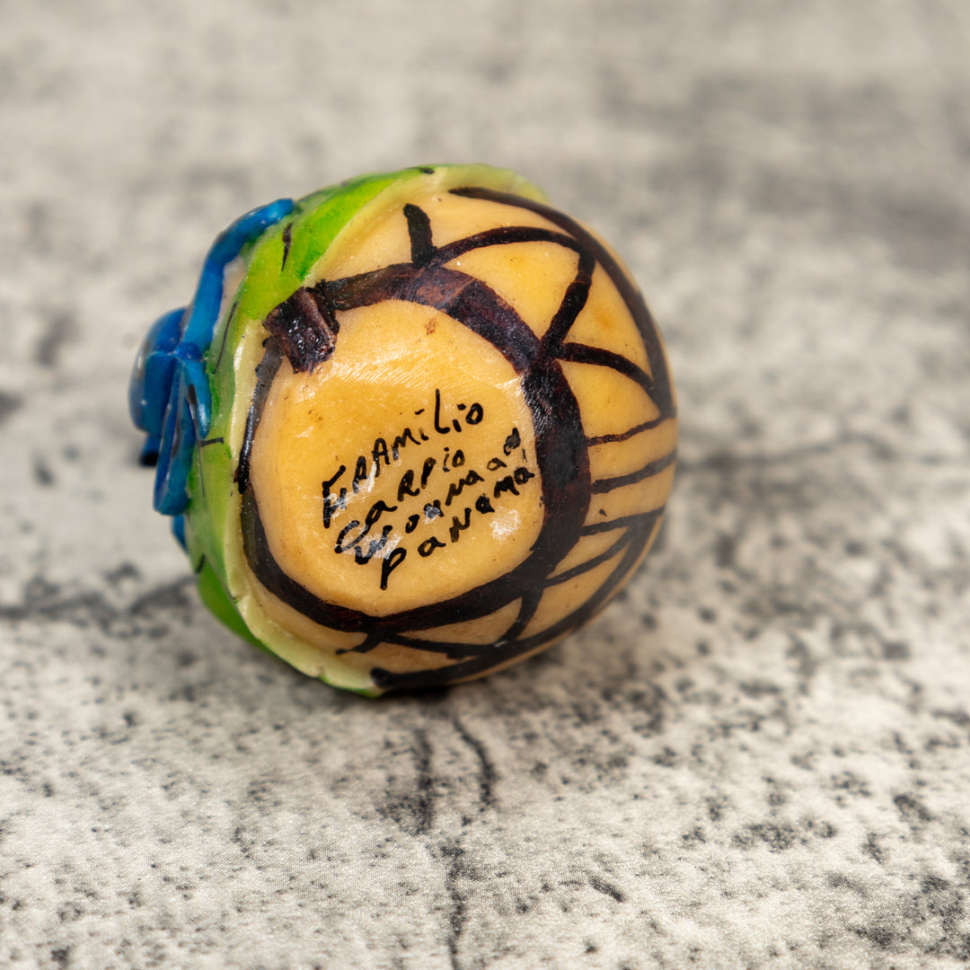 Etched Blue Frog On Vase Tagua Carving