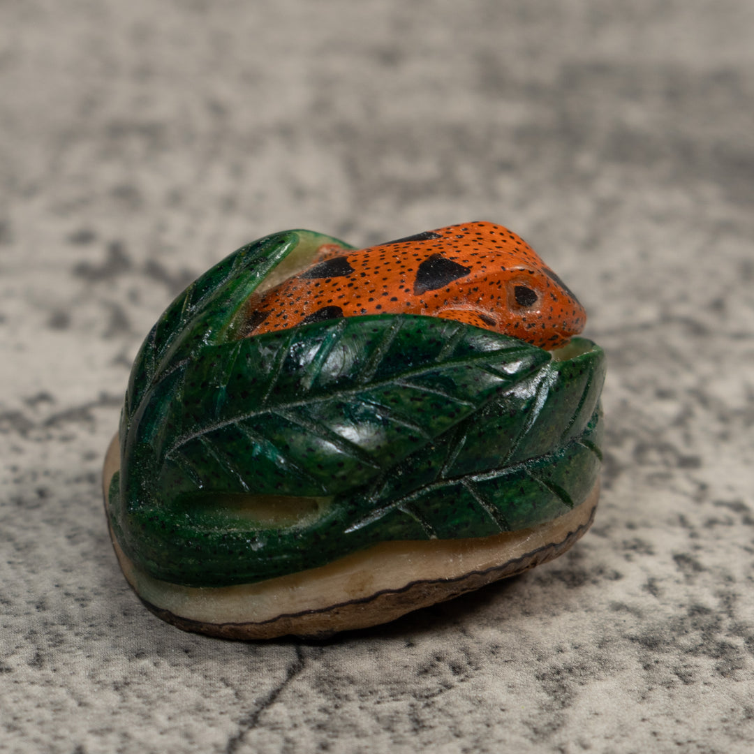Vintage Orange Black And Green Frog Tagua Carving