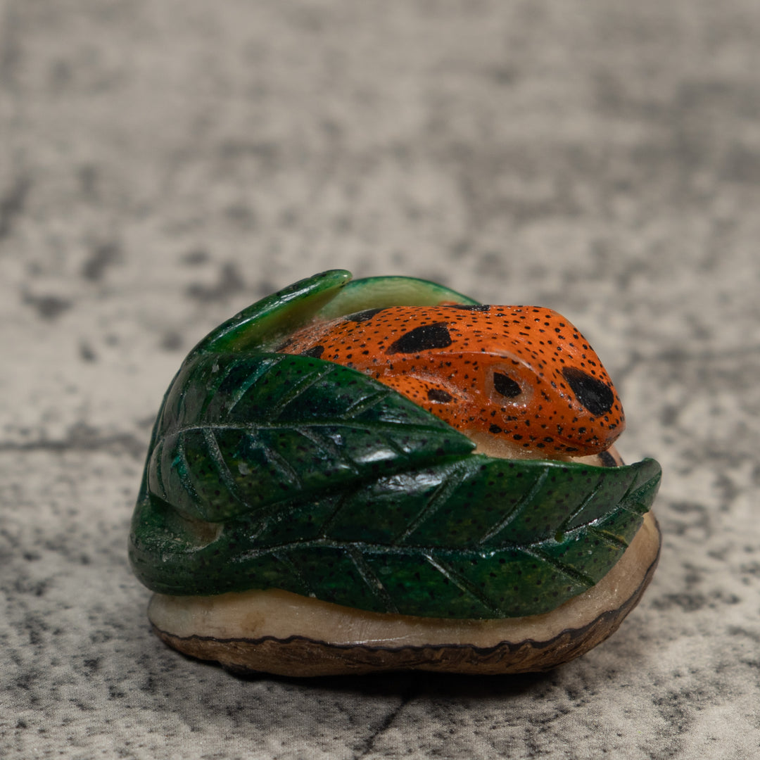 Vintage Orange Black And Green Frog Tagua Carving