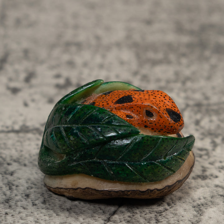 Vintage Orange Black And Green Frog Tagua Carving