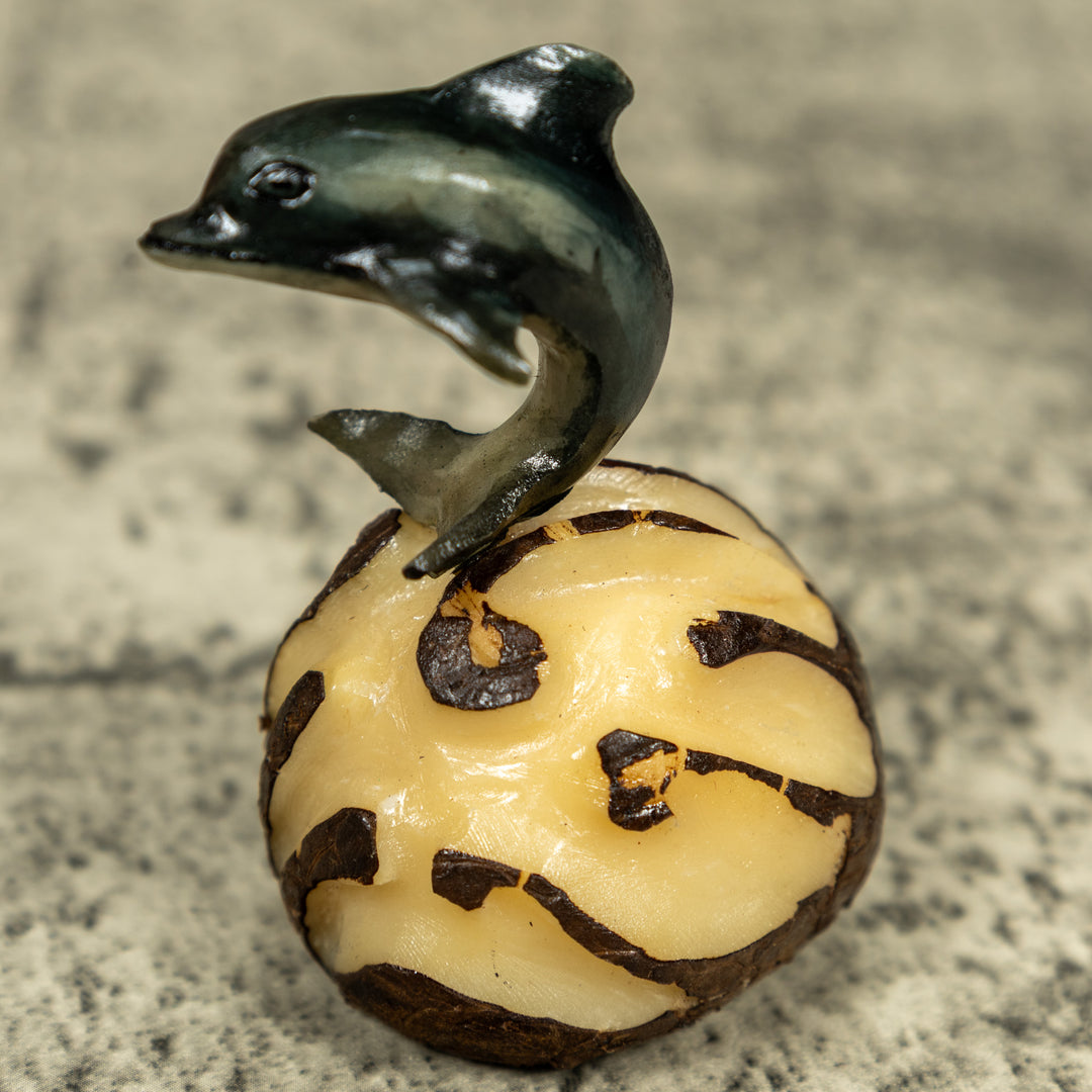 Gray Dolphin Riding Waves Tagua Carving