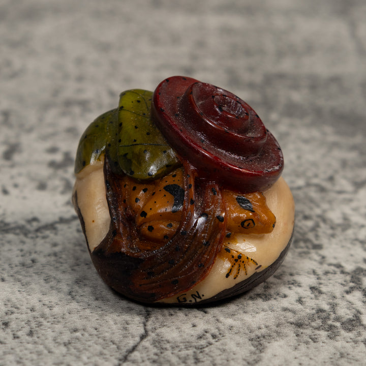 Gold  Double Poison Dart Frog Under Flower Tagua Carving