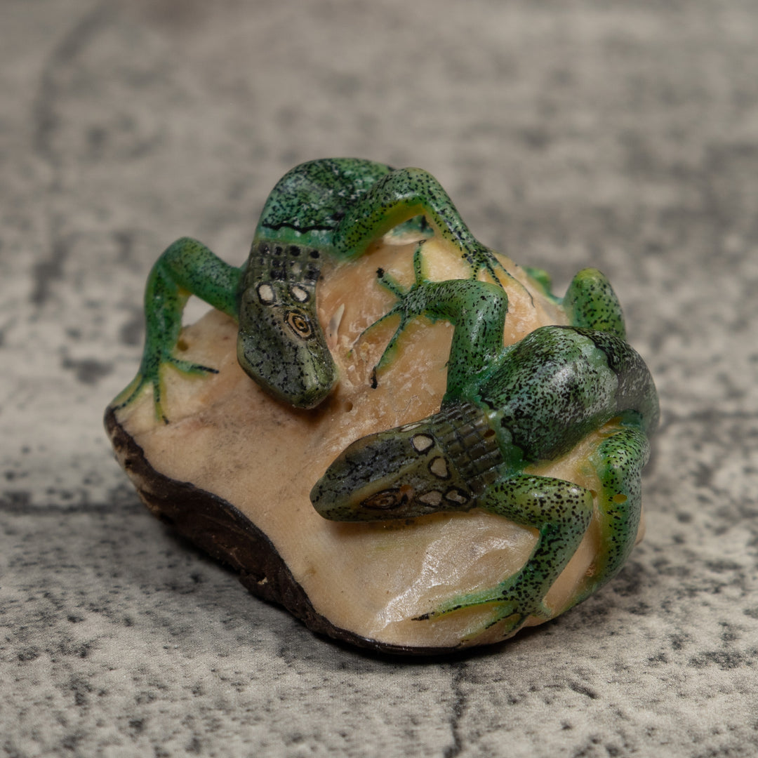 Double Green Iguana Lizard Tagua Carving