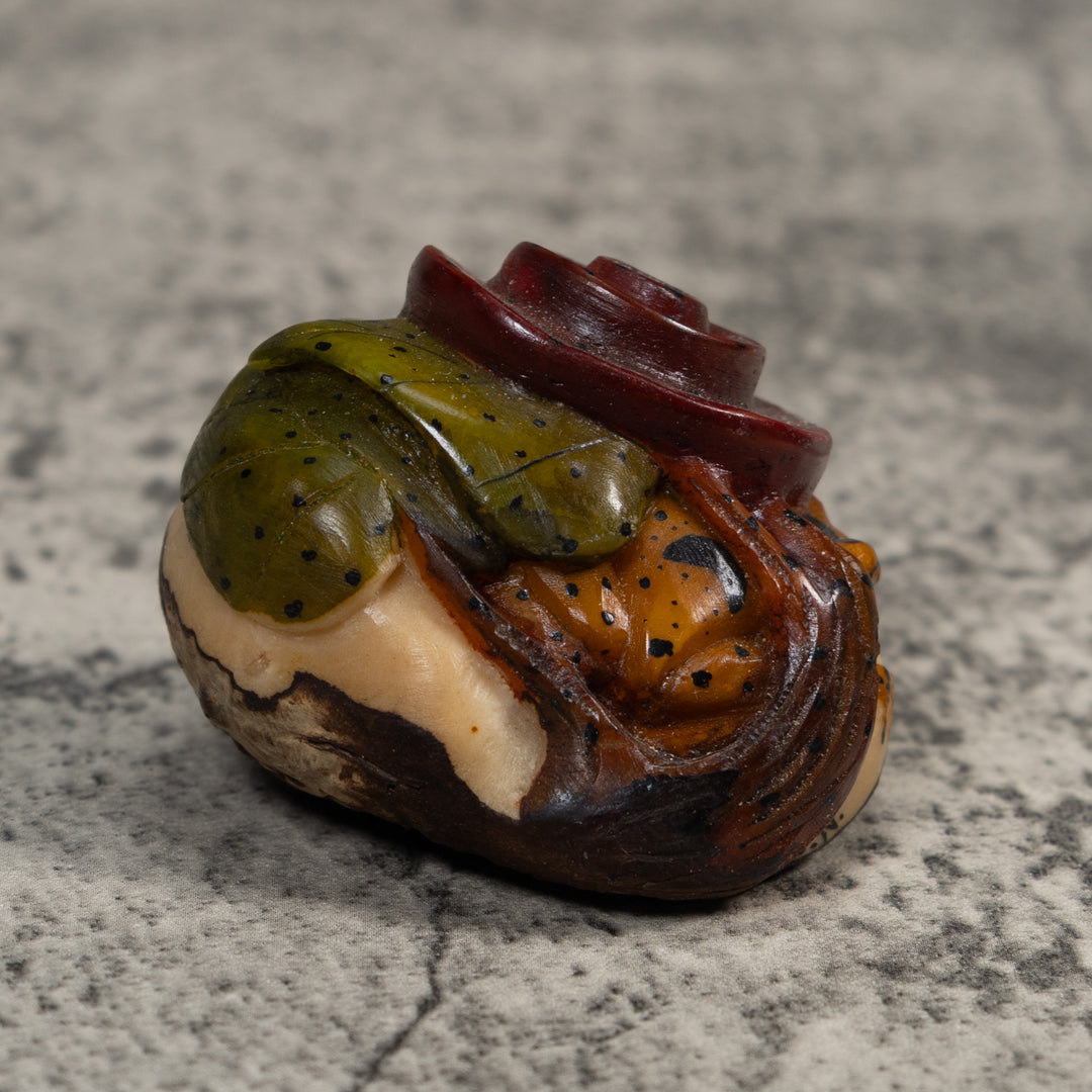 Gold  Double Poison Dart Frog Under Flower Tagua Carving
