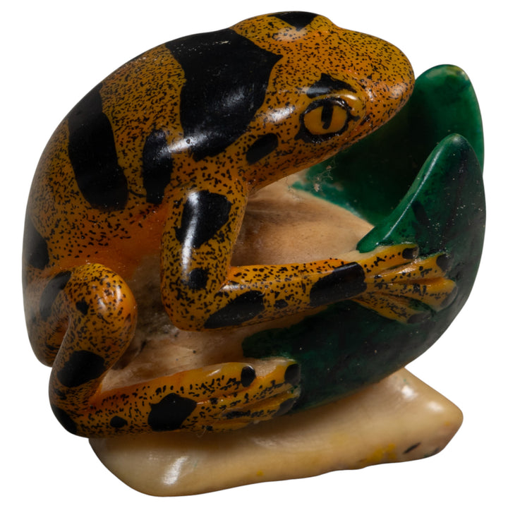 Black And Gold Poison Dart Frog With Leaves Tagua Carving
