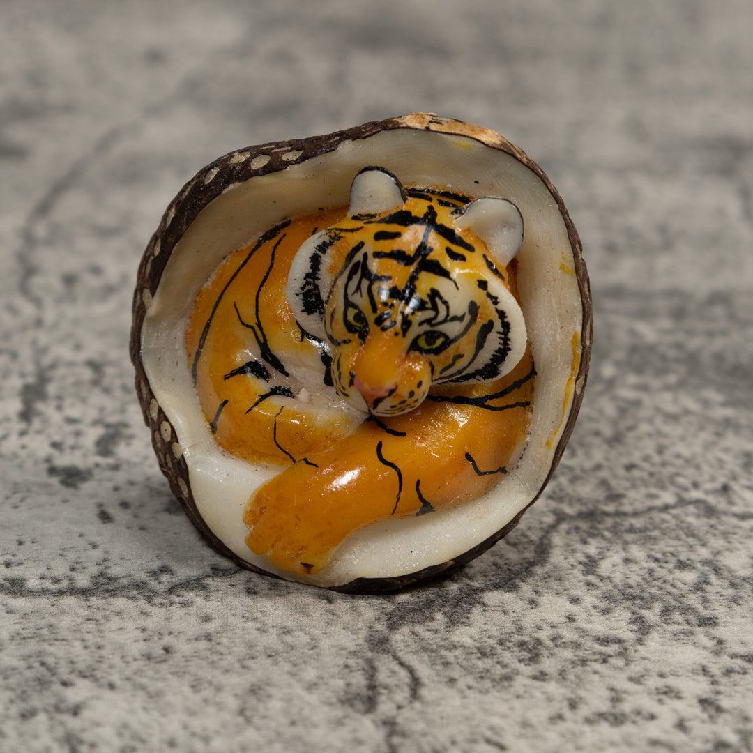 Orange And Black Bengal Tiger in Cave Tagua Carving