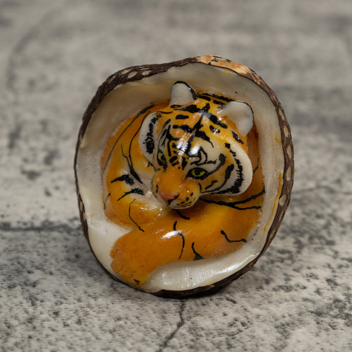 Orange And Black Bengal Tiger in Cave Tagua Carving