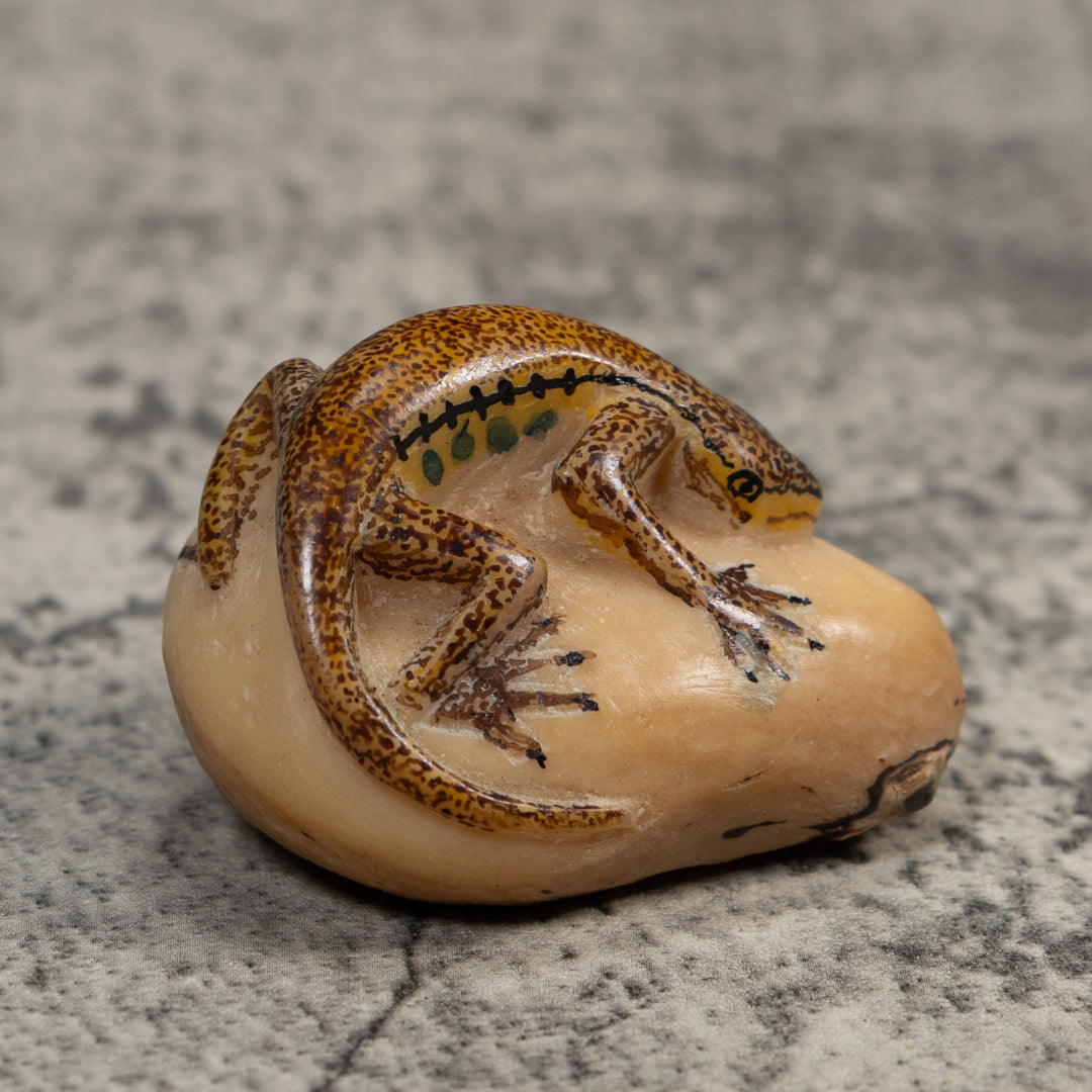 Vintage Brown And Black Gecko Lizard Tagua Carving