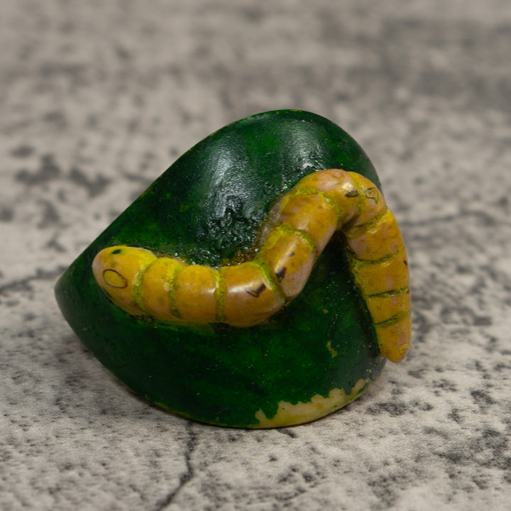 Vintage Green And Yellow Caterpillar Tagua Carving
