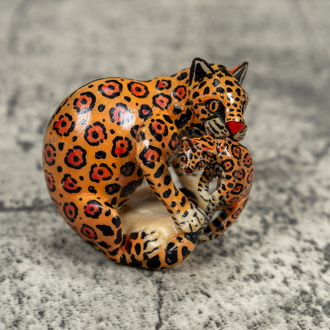 Black And Orange Jaguar Cat With Kitten Tagua Carving
