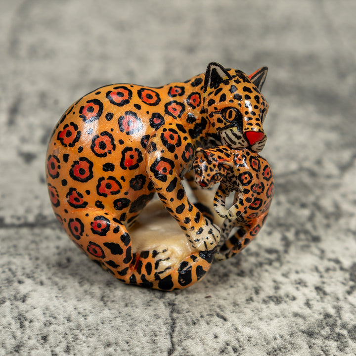 Black And Orange Jaguar Cat With Kitten Tagua Carving