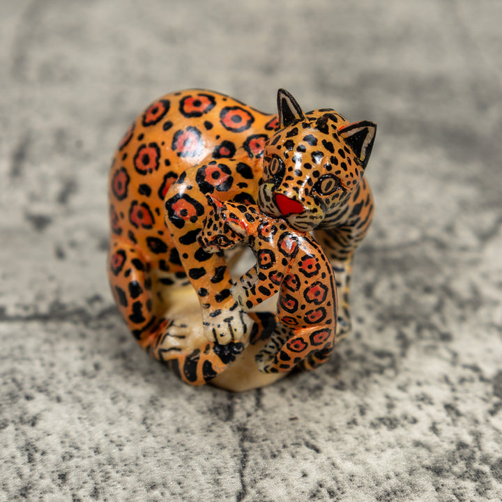 Black And Orange Jaguar Cat With Kitten Tagua Carving