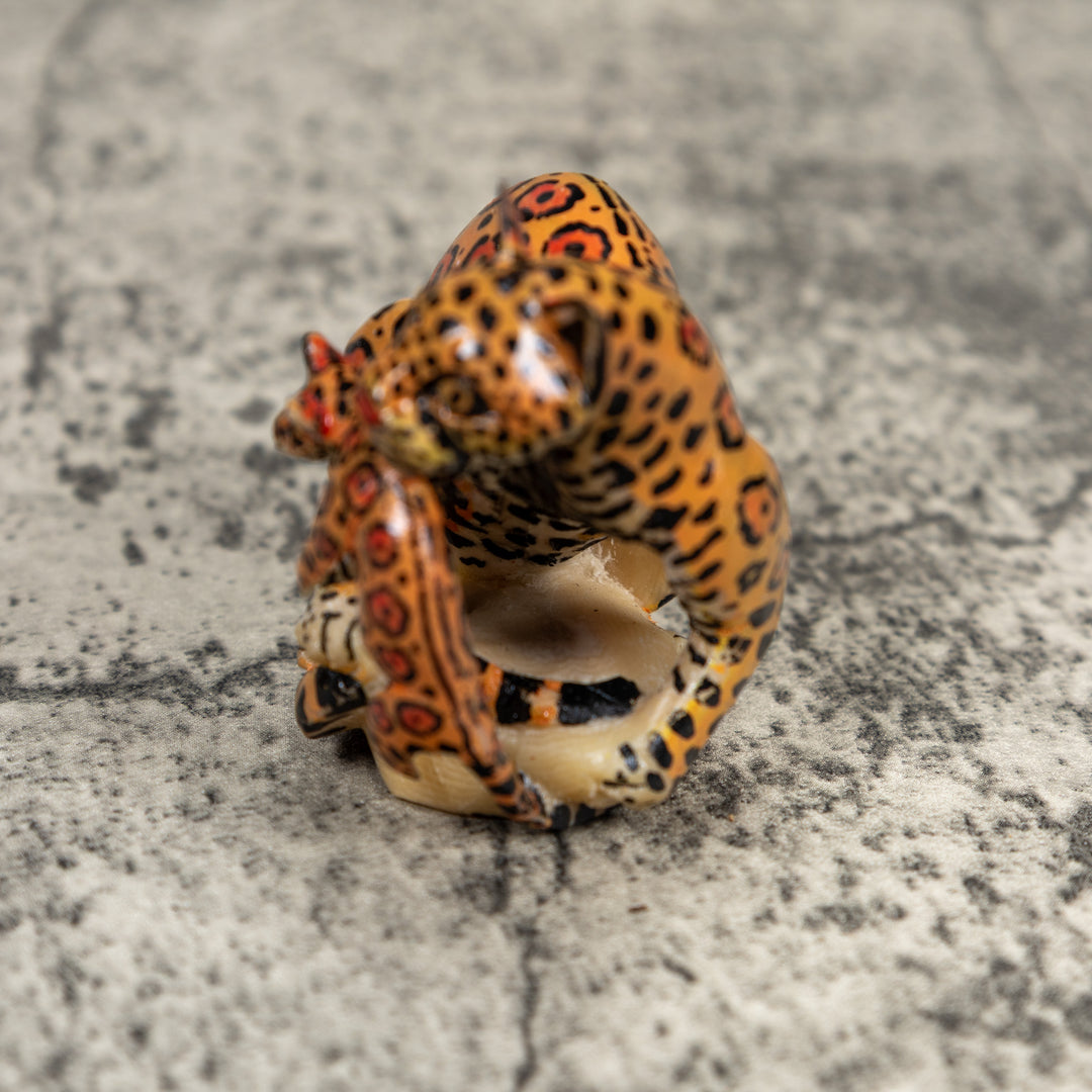 Black And Orange Jaguar Cat With Kitten Tagua Carving