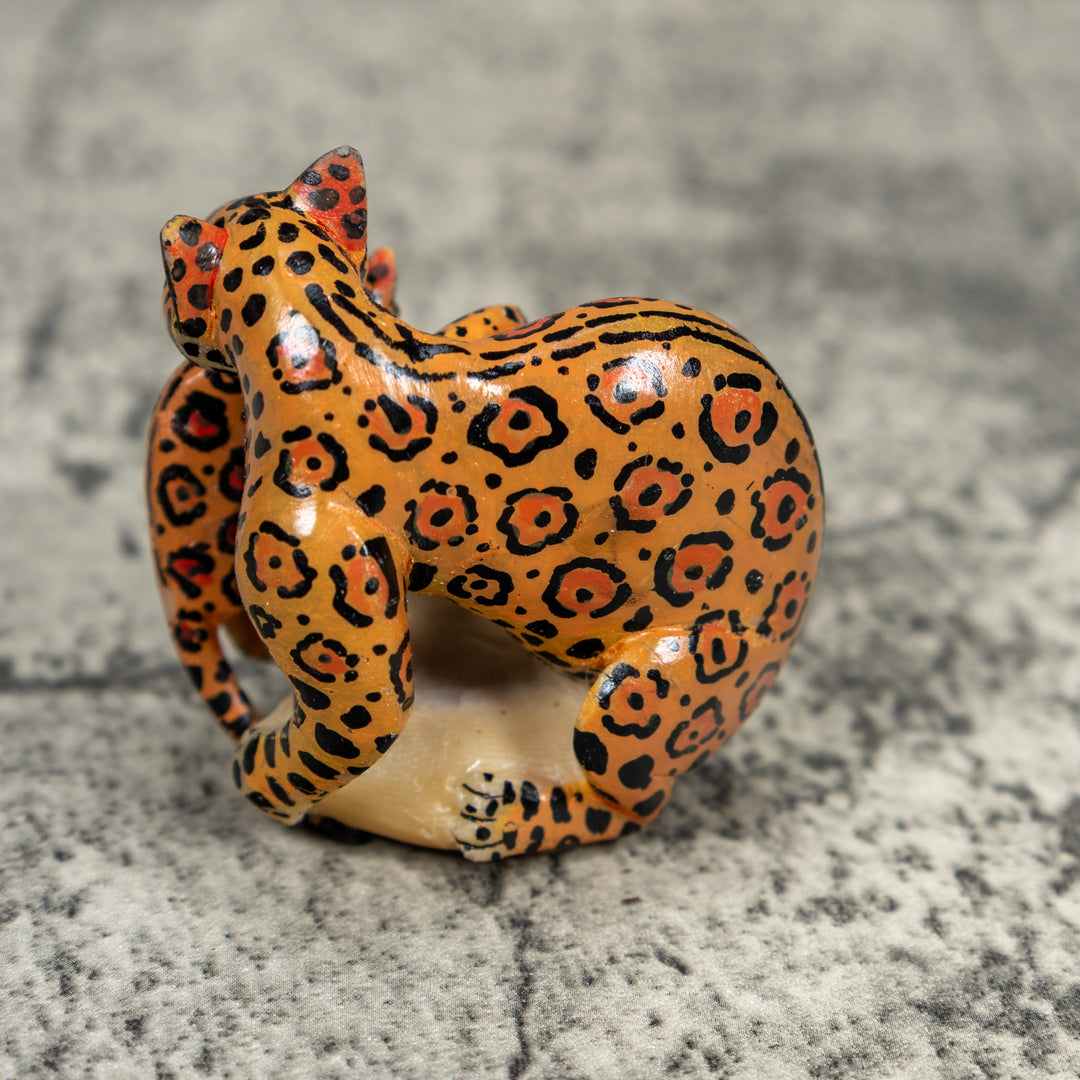 Black And Orange Jaguar Cat With Kitten Tagua Carving