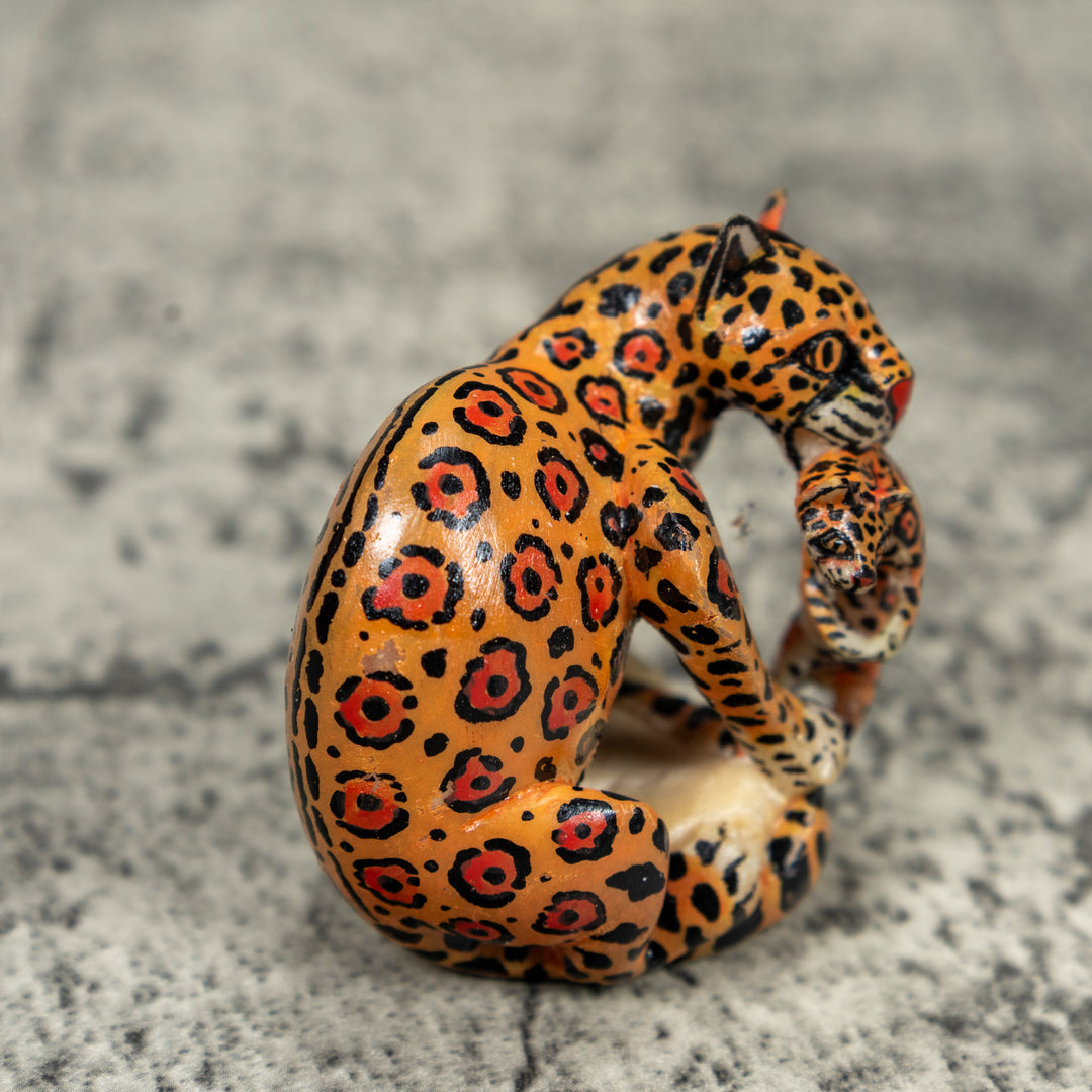 Black And Orange Jaguar Cat With Kitten Tagua Carving
