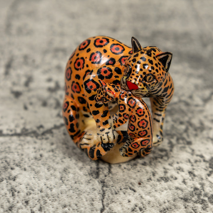 Black And Orange Jaguar Cat With Kitten Tagua Carving