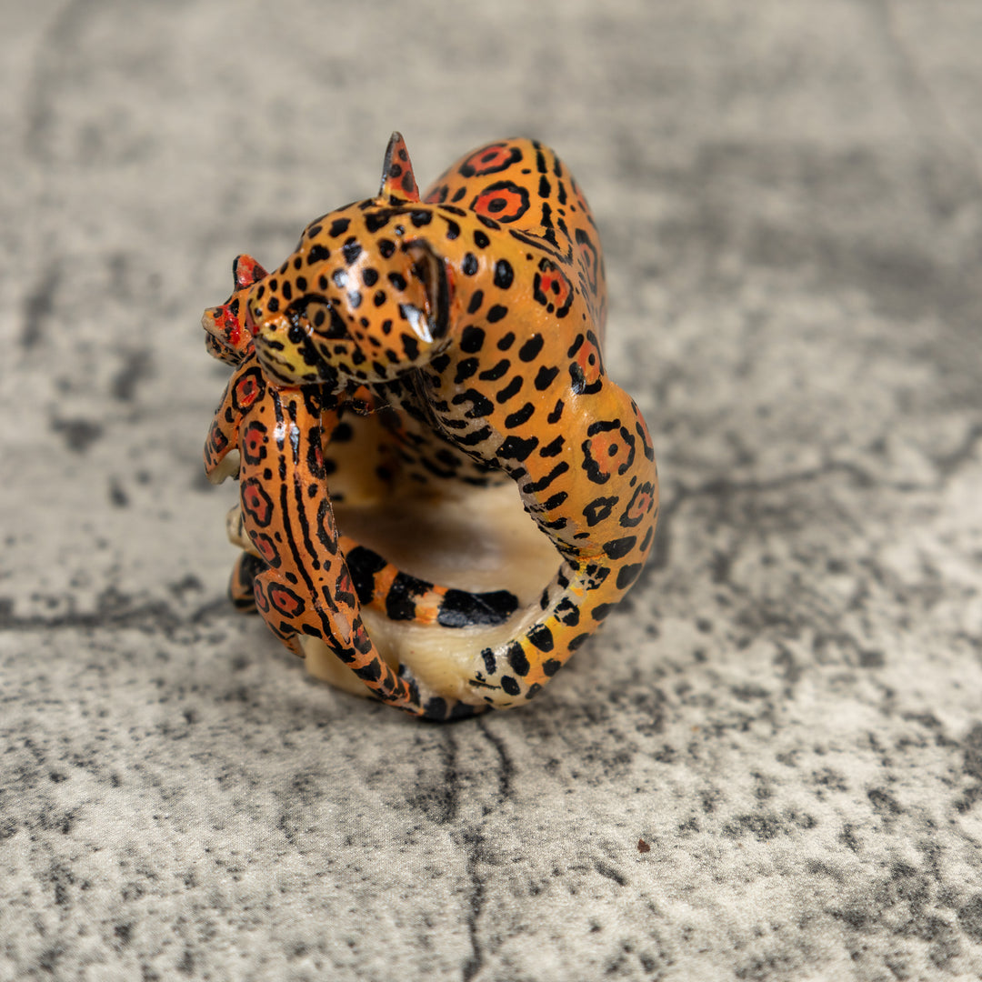 Black And Orange Jaguar Cat With Kitten Tagua Carving