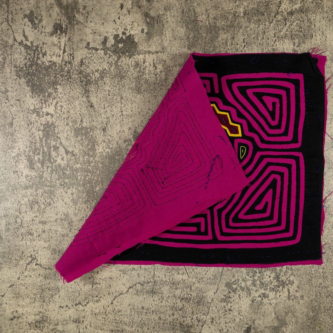 Hand stitched Guna mola from Guna Yala Panama, Easter basket and eggs with geometric border