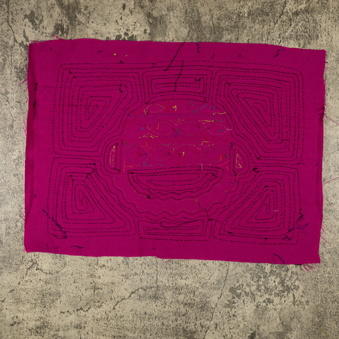 Magenta Easter basket mola, hand stitched Guna panel from Panama, 16 by 12 inches