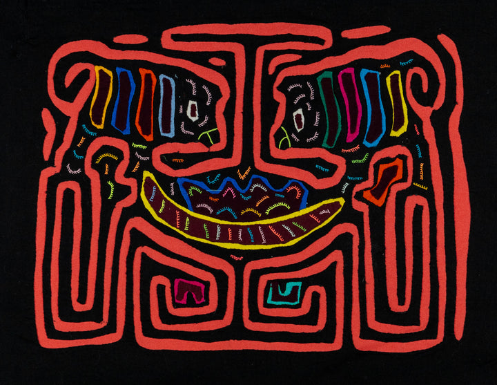 Clever optical illusion with two critters mola, hand stitched Guna panel from Panama, 16 by 13 inches