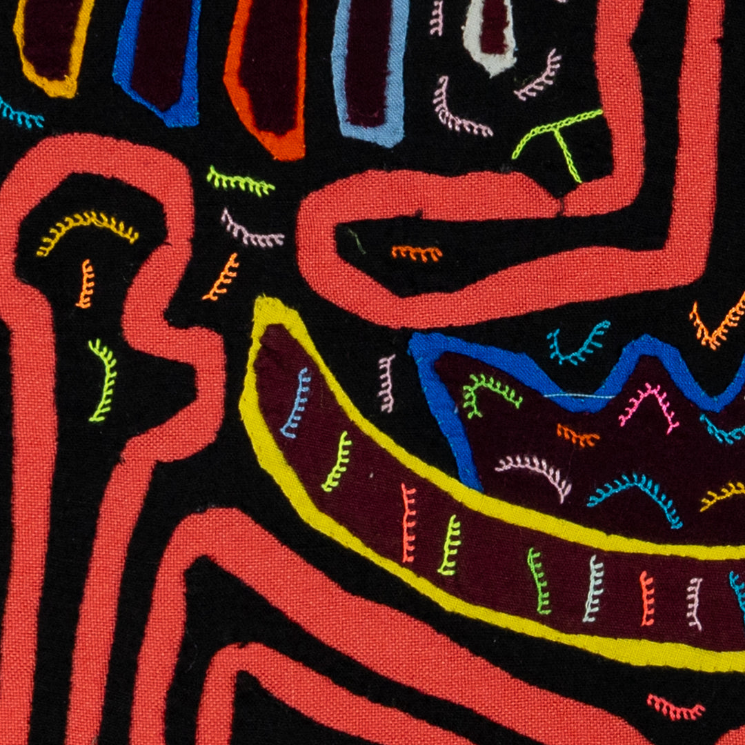 Clever optical illusion with two critters mola, hand stitched Guna panel from Panama, 16 by 13 inches