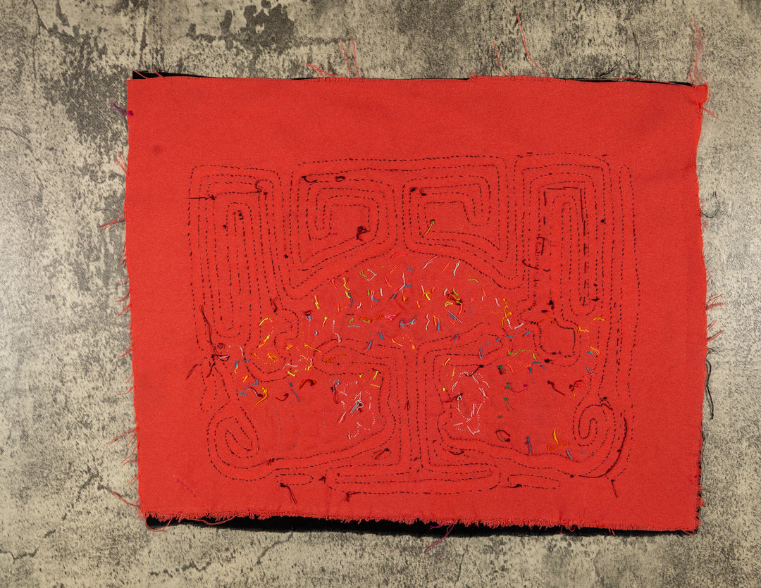 Clever optical illusion with two critters mola, hand stitched Guna panel from Panama, 16 by 13 inches