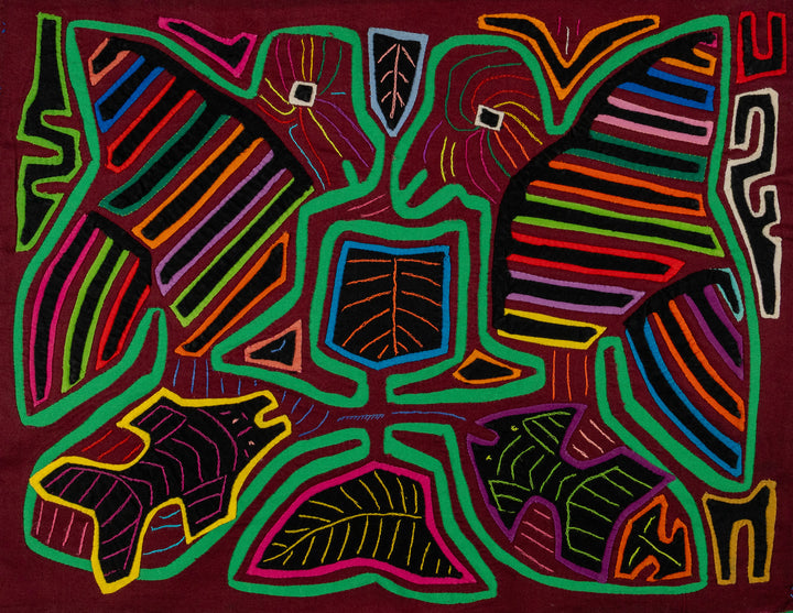 Two green herons watching the fish mola, hand stitched Guna panel from Panama, 16 by 13 inches