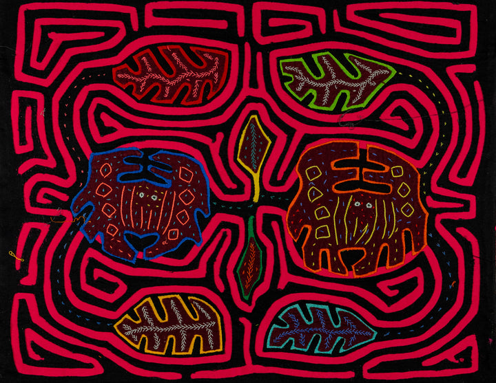 Two crabs resting among autumn leaves mola, hand stitched Guna panel from Panama, 16.5 by 13.5 inches