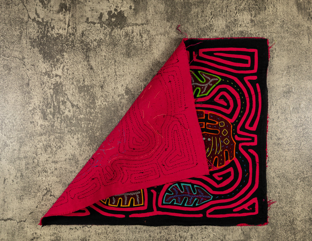 Two crabs resting among autumn leaves mola, hand stitched Guna panel from Panama, 16.5 by 13.5 inches