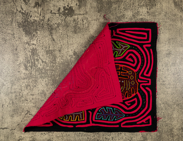 Two crabs resting among autumn leaves mola, hand stitched Guna panel from Panama, 16.5 by 13.5 inches