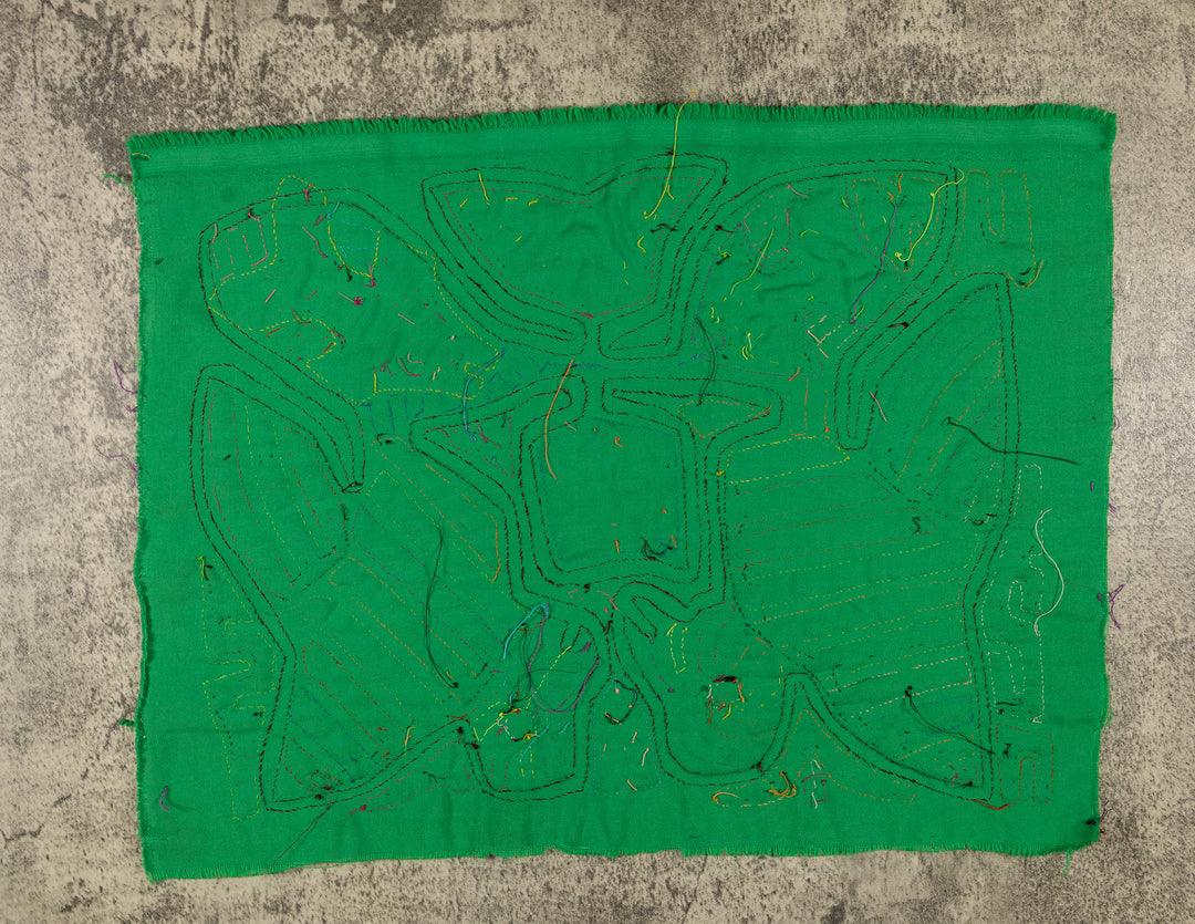 Two green herons watching the fish mola, hand stitched Guna panel from Panama, 16 by 13 inches