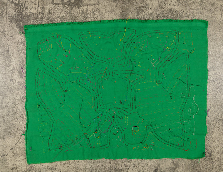 Two green herons watching the fish mola, hand stitched Guna panel from Panama, 16 by 13 inches