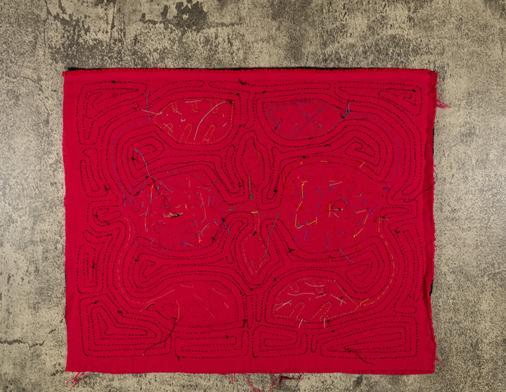 Panama mola panel, two round crabs with stitched shells among leaves in a pink maze on black, hand stitched reverse applique