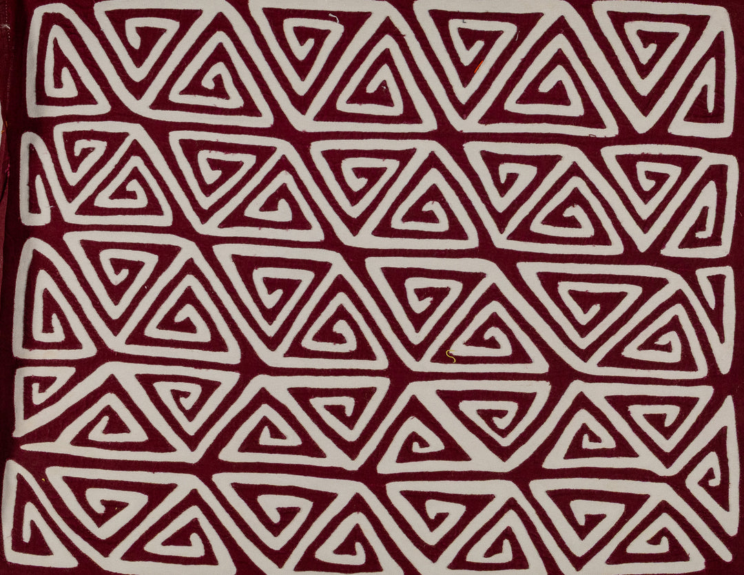 Rows of triangle spirals mola, hand stitched Guna panel from Panama, 16.5 by 13.5 inches
